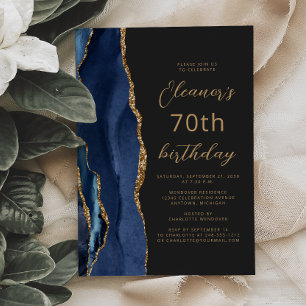 Navy Blue Gold Agate Slate Script 70th Birthday Invitation