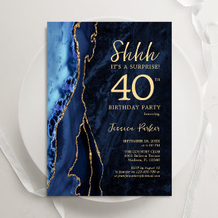 Navy Blue Gold Agate Surprise 40th Birthday Invitation
