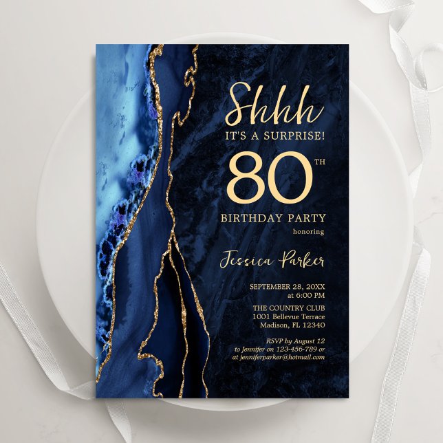 Navy Blue Gold Agate Surprise 80th Birthday Invitation (Creator Uploaded)