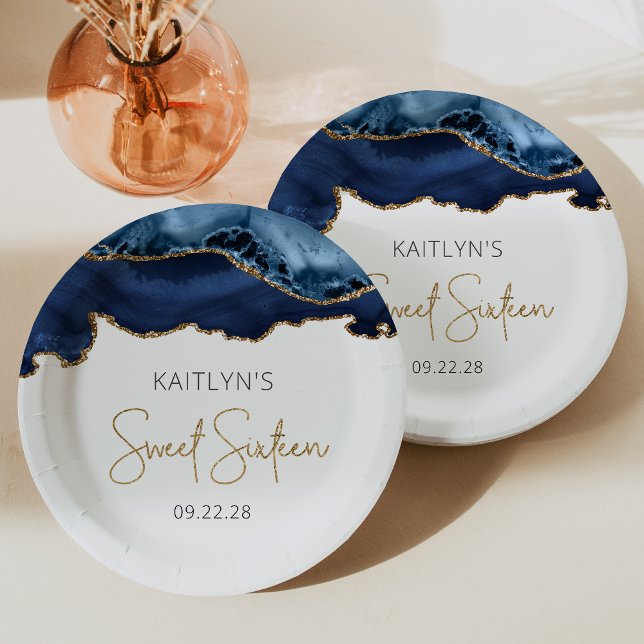 Navy Blue Gold Agate Sweet 16 Birthday Party Paper Plate (Creator Uploaded)