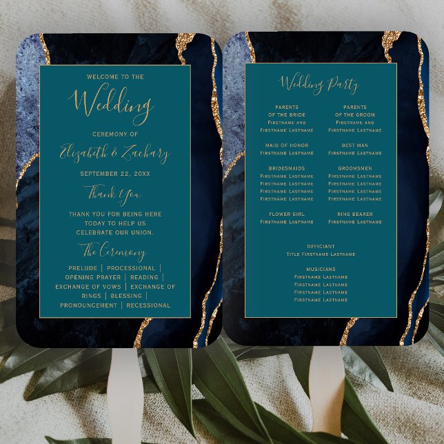 Navy Blue Gold Agate Teal Wedding Program Hand Fan (Creator Uploaded)