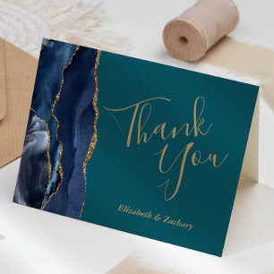 Navy Blue Gold Agate Teal Wedding Thank You Card