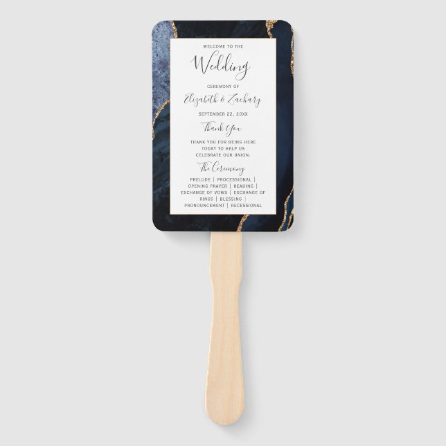 Navy Blue Gold Agate Wedding Program Hand Fan (Front)