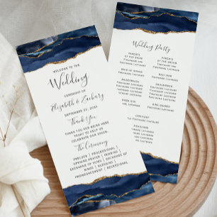 Navy Blue Gold Agate Wedding Programme