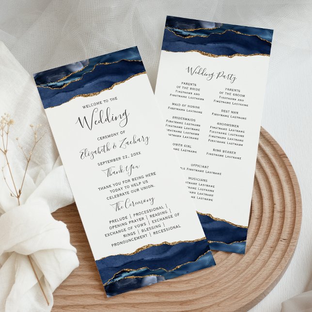 Navy Blue Gold Agate Wedding Programme (Creator Uploaded)