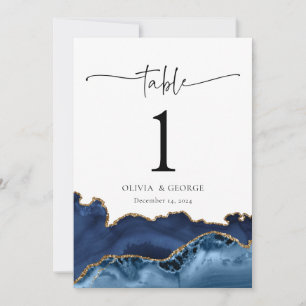 Navy Blue Gold Agate Wedding Table Number Cards