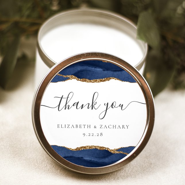 Navy Blue Gold Agate Wedding Thank You Classic Round Sticker (Creator Uploaded)