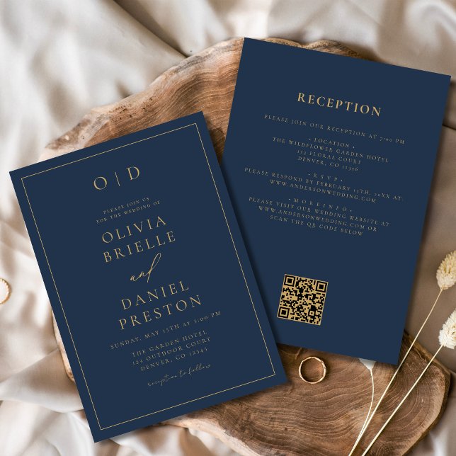 Navy Blue Gold All in One QR Code Wedding Invitation (Creator Uploaded)