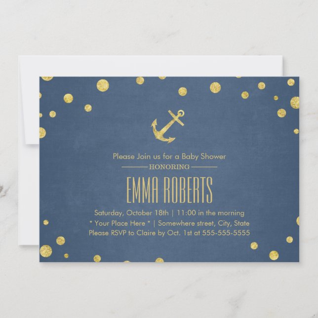 Navy Blue Gold Anchor Nautical Baby Shower Invitation (Front)