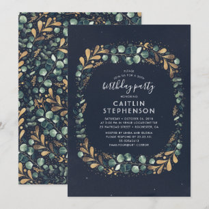 Navy Blue Gold and Green Vintage Birthday Party Invitation