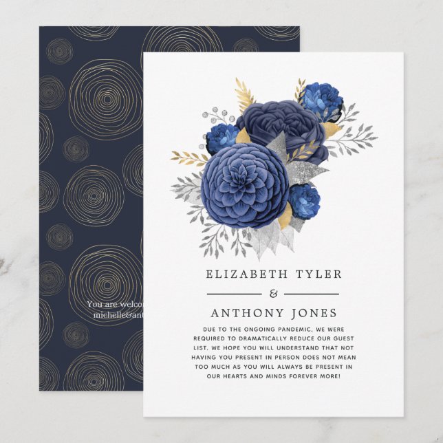 Navy Blue, Gold and Silver Floral Wedding Guests Announcement (Front/Back)