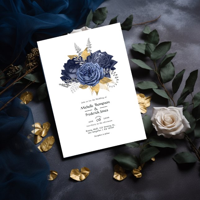 Navy Blue, Gold and Silver Floral Wedding Invitation (Creator Uploaded)