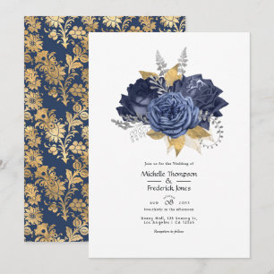 Navy Blue, Gold and Silver Floral Wedding Invitation