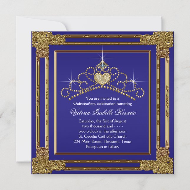 Navy Blue Gold and Tiara Sweet 15 Quinceanera Invitation (Front)
