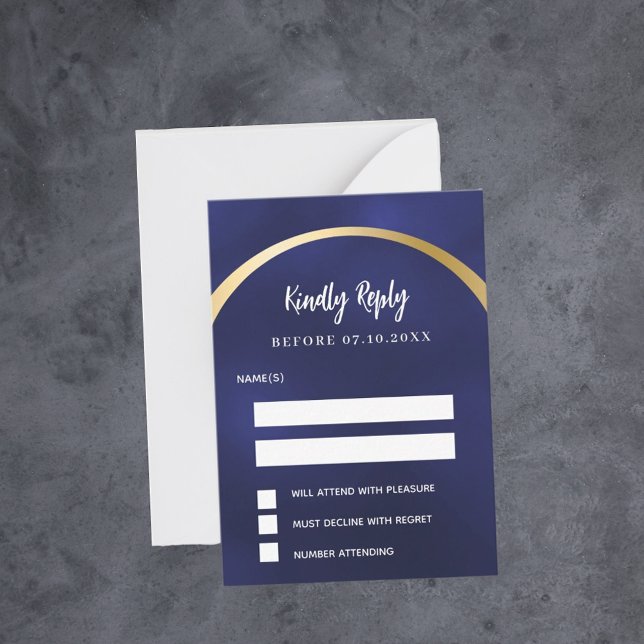 Navy blue gold arch wedding response RSVP Card (Creator Uploaded)