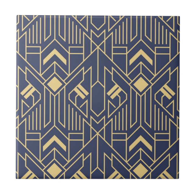 Navy Blue Gold Art Deco Geometric Pattern Tile (Front)