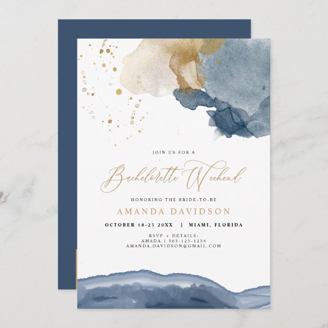 Navy Blue Gold Bachelorette Weekend with Itinerary Invitation (Front/Back)