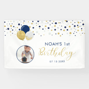 Navy Blue & Gold Balloon 1st Birthday Photo Banner