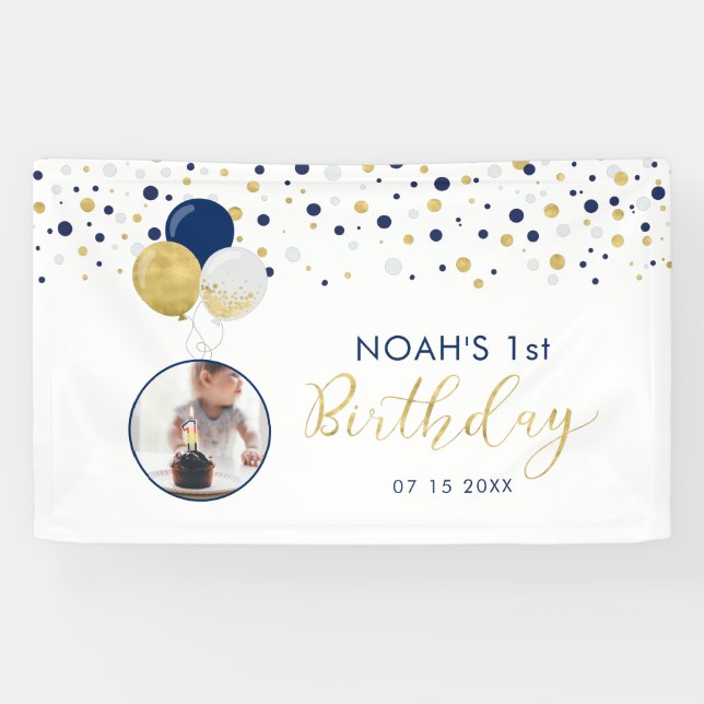 Navy Blue & Gold Balloon 1st Birthday Photo Banner (Horizontal)