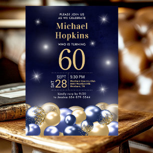Navy Blue Gold Balloons 60th Birthday Party Invitation