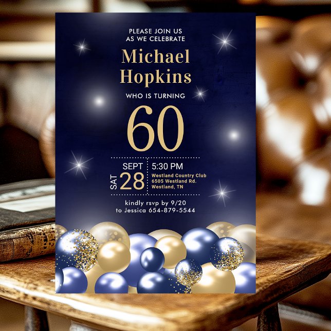 Navy Blue Gold Balloons 60th Birthday Party Invitation (Creator Uploaded)
