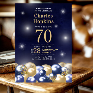 Navy Blue Gold Balloons 70th Birthday Party Invitation