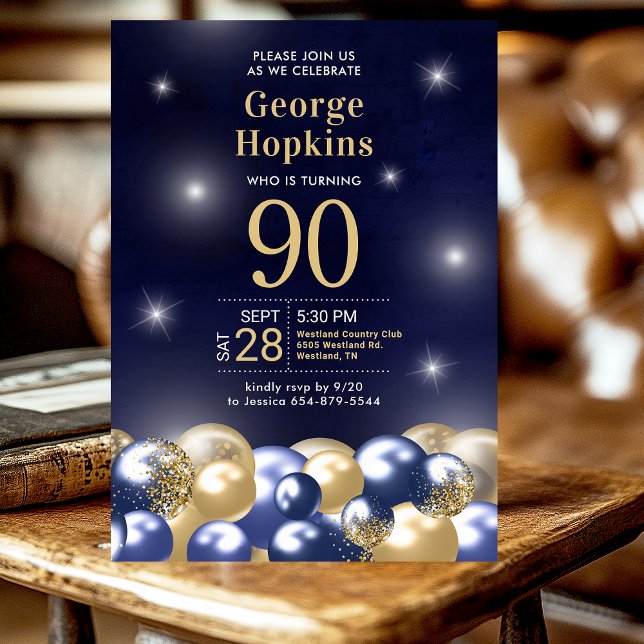 Navy Blue Gold Balloons 90th Photo Birthday Party  Invitation (Creator Uploaded)