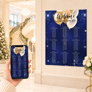 Navy blue gold balloons 9 tables seating chart