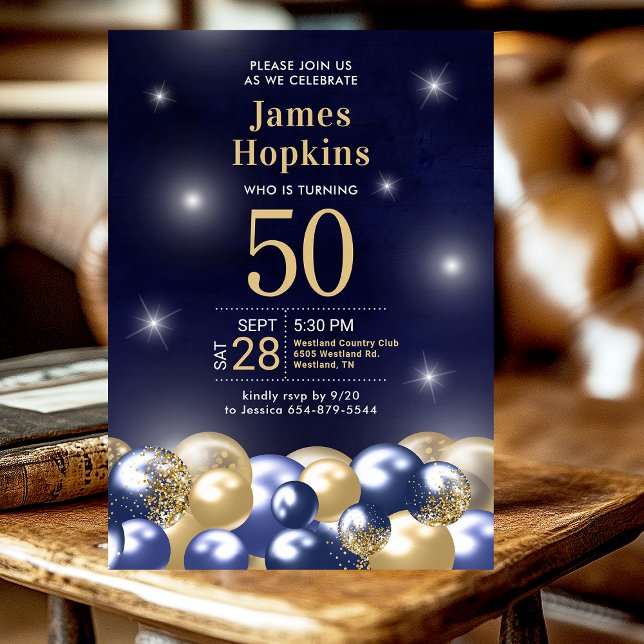 Navy Blue Gold Balloons Photo 50th Birthday Party Invitation (Creator Uploaded)