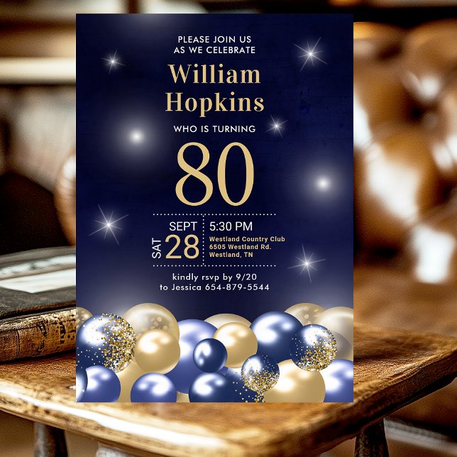 Navy Blue Gold Balloons Photo 80th Birthday Party Invitation (Creator Uploaded)