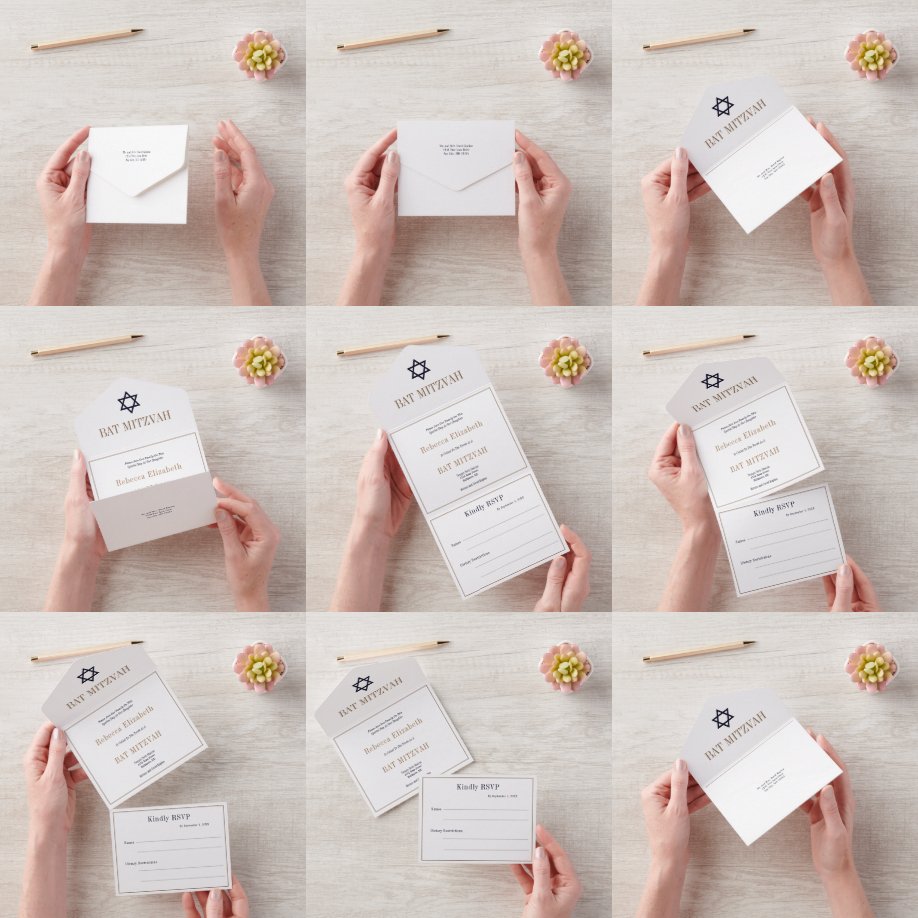 Navy Blue Gold Bar Bat Mitzvah All in one  Invitation