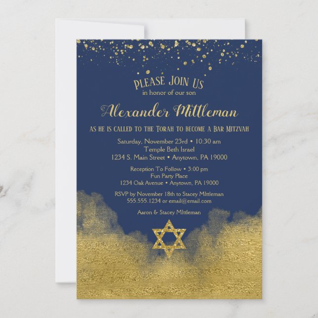 Navy Blue Gold Bar Mitzvah Invitation (Front)