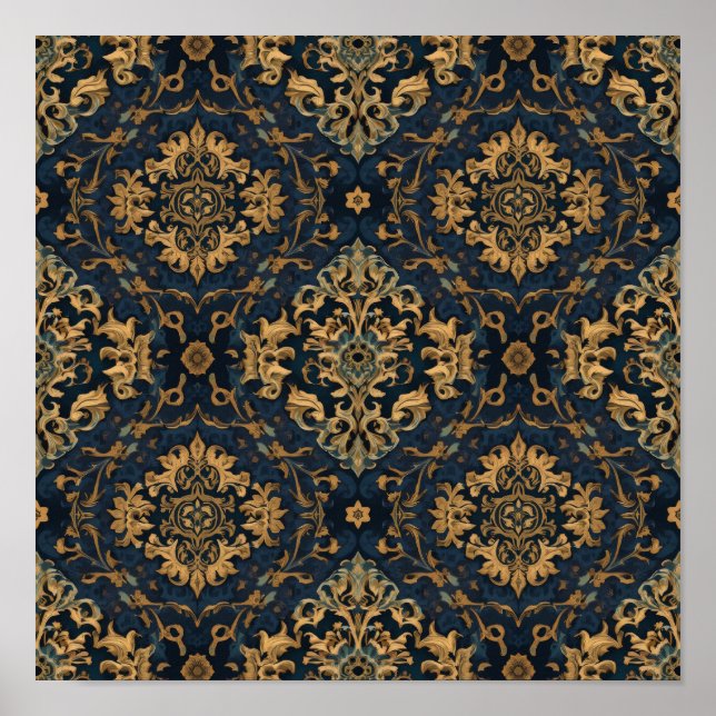 Navy Blue Gold Baroque Damask Pattern Poster (Front)