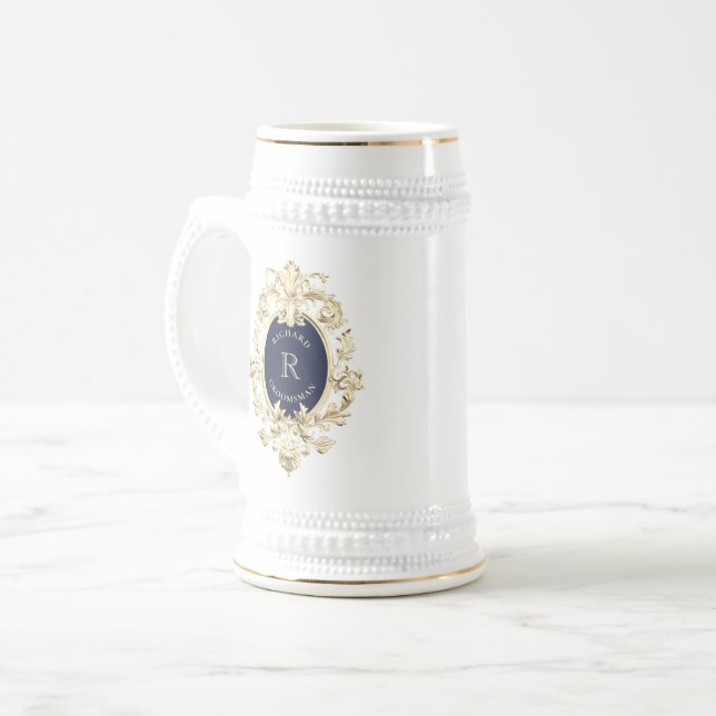 Navy Blue Gold Baroque Groomsman Beer Stein (Front Left)