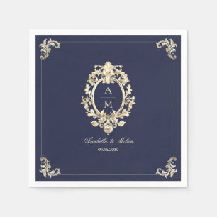 Navy Blue Gold Baroque Wedding Napkin