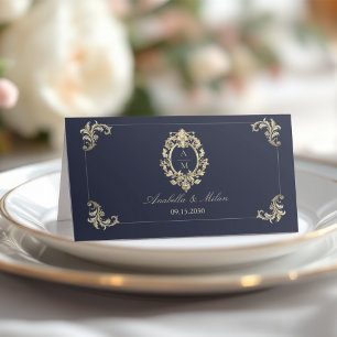 Navy Blue Gold Baroque Wedding Place Card