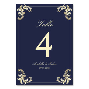 Navy Blue Gold Baroque Wedding Table Number