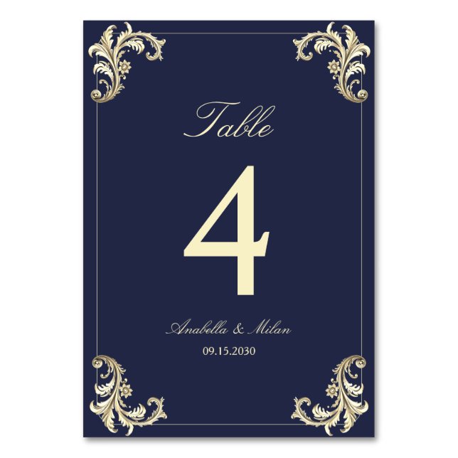 Navy Blue Gold Baroque Wedding Table Number (Front)