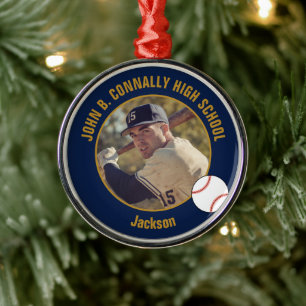 Navy Blue Gold Baseball Player Photo Christmas Metal Tree Decoration