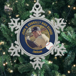 Navy Blue Gold Baseball Player Photo High School Snowflake Pewter Christmas Ornament<br><div class="desc">This cool customized high school baseball player photo gift features gold typography of your team and player name on a navy blue Christmas ornament with a ball. Personalize with your student's photograph and class year as a proud sports parent. A mom and dad can wear these buttons to sports games....</div>