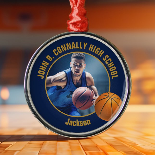 Navy Blue Gold Basketball Player Photo Christmas Metal Tree Decoration (Creator Uploaded)