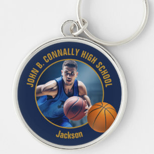Navy Blue Gold Basketball Player Photo Key Ring