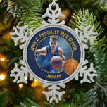 Navy Blue Gold Basketball Player Photo Snowflake Pewter Christmas Ornament<br><div class="desc">This cool customized high school basketball player photo gift features gold typography of your team and player name on a navy blue Christmas ornament with a ball. Personalize with your student's photograph and class year as a proud sports parent.</div>