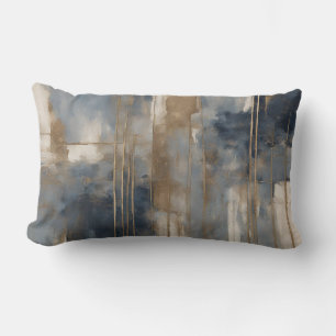 Navy Blue Gold Beige Abstract Watercolor Lumbar Cushion