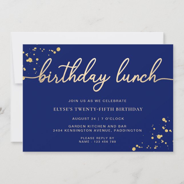 Navy Blue Gold Birthday Lunch Invitation (Front)
