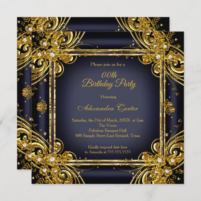 Navy Blue Gold Birthday Party Photo Diamond Invitation (Front/Back)