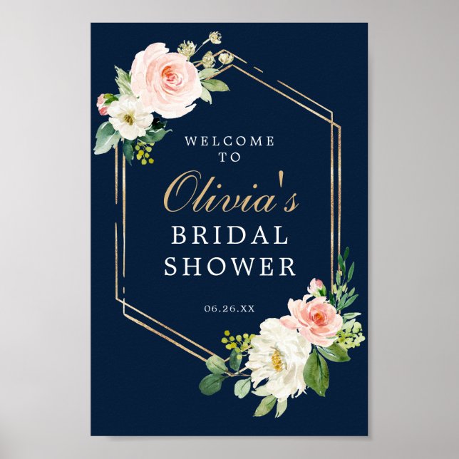 Navy Blue Gold Blush Bridal Shower Welcome Sign (Front)