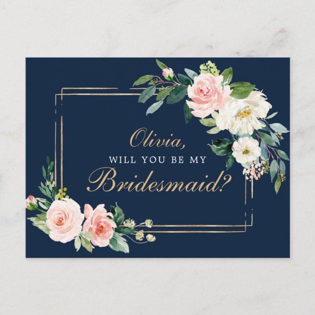 Navy Blue Gold Blush Bridesmaid Proposal Card (Front)