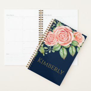 Navy Blue Gold Blush Floral Personalised Planner