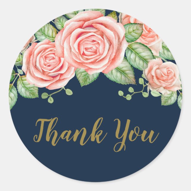 Navy Blue Gold Blush Floral Thank You  Classic Round Sticker (Front)